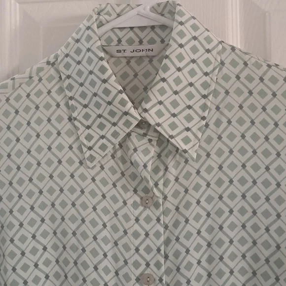 Vintage ST John Mint Green Patterened Silk Blouse Sz 2 - Picture 2 of 6